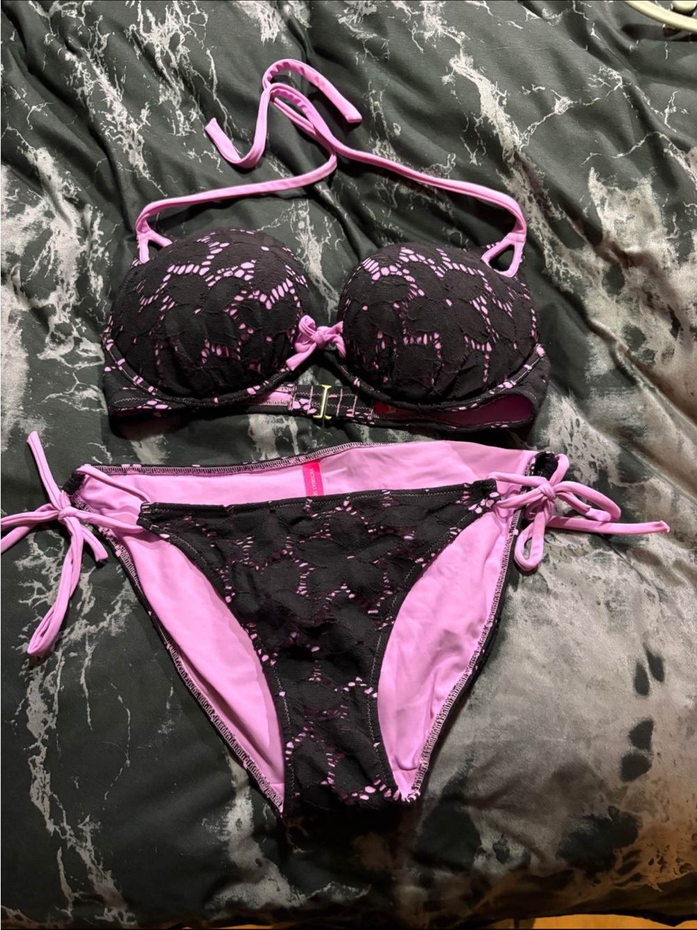 Victoria's Secret Black and Pink Lace Bikini Top